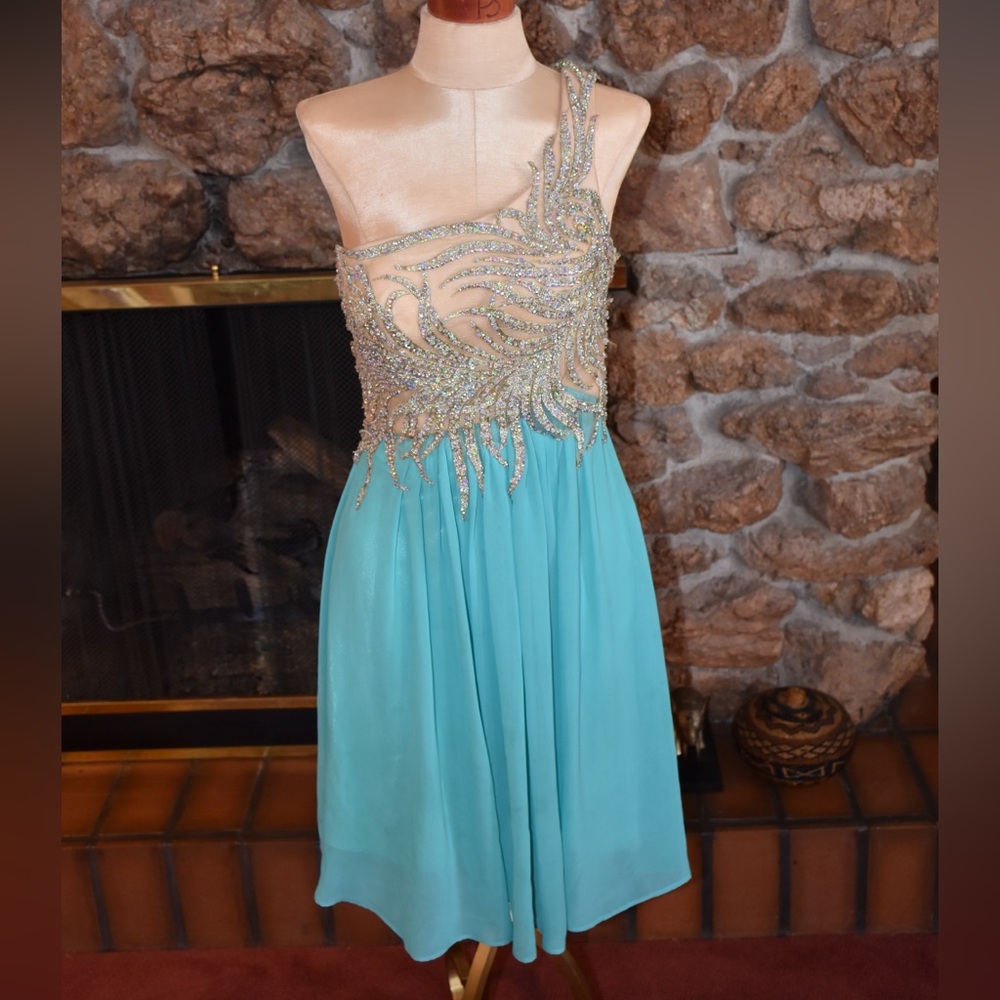 Blush Prom Turquoise One Shoulder Dress with crystal accents